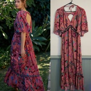 Anthropologie Ruffled Embroidered Maxi Dress floral print size medium